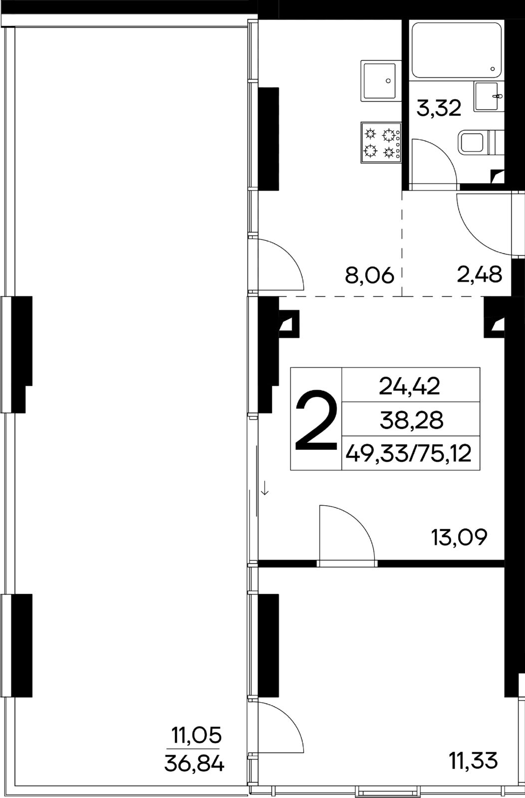 2-к, 75.12 м² · Лучистое