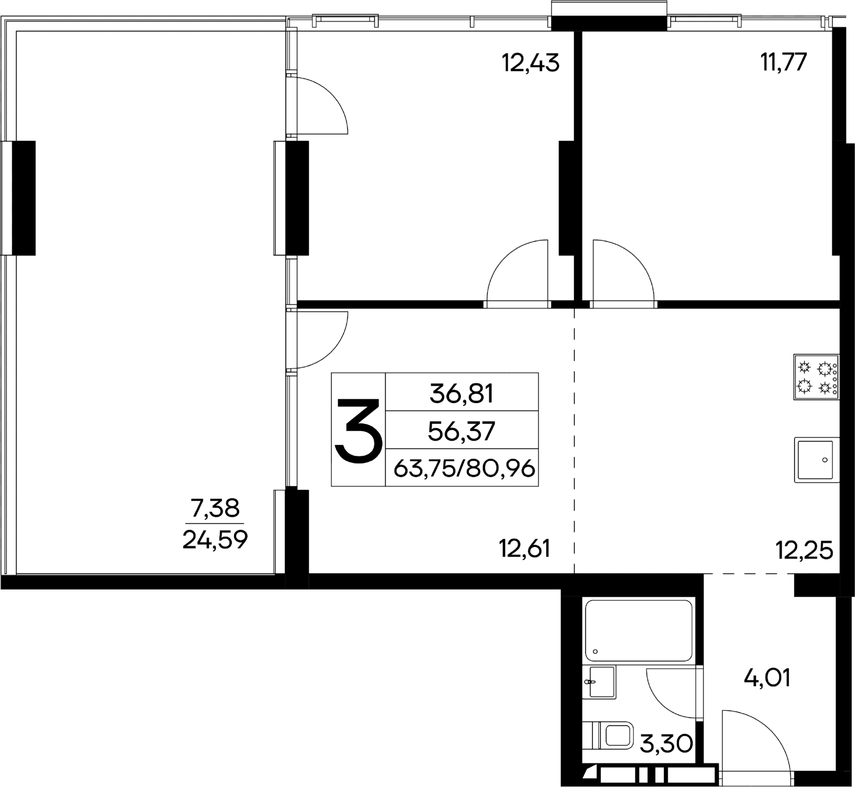 3-к, 80.96 м² · Лучистое