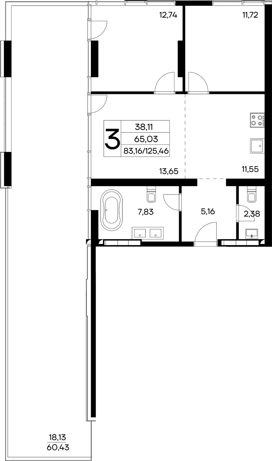 3-к, 125.46 м² · Лучистое
