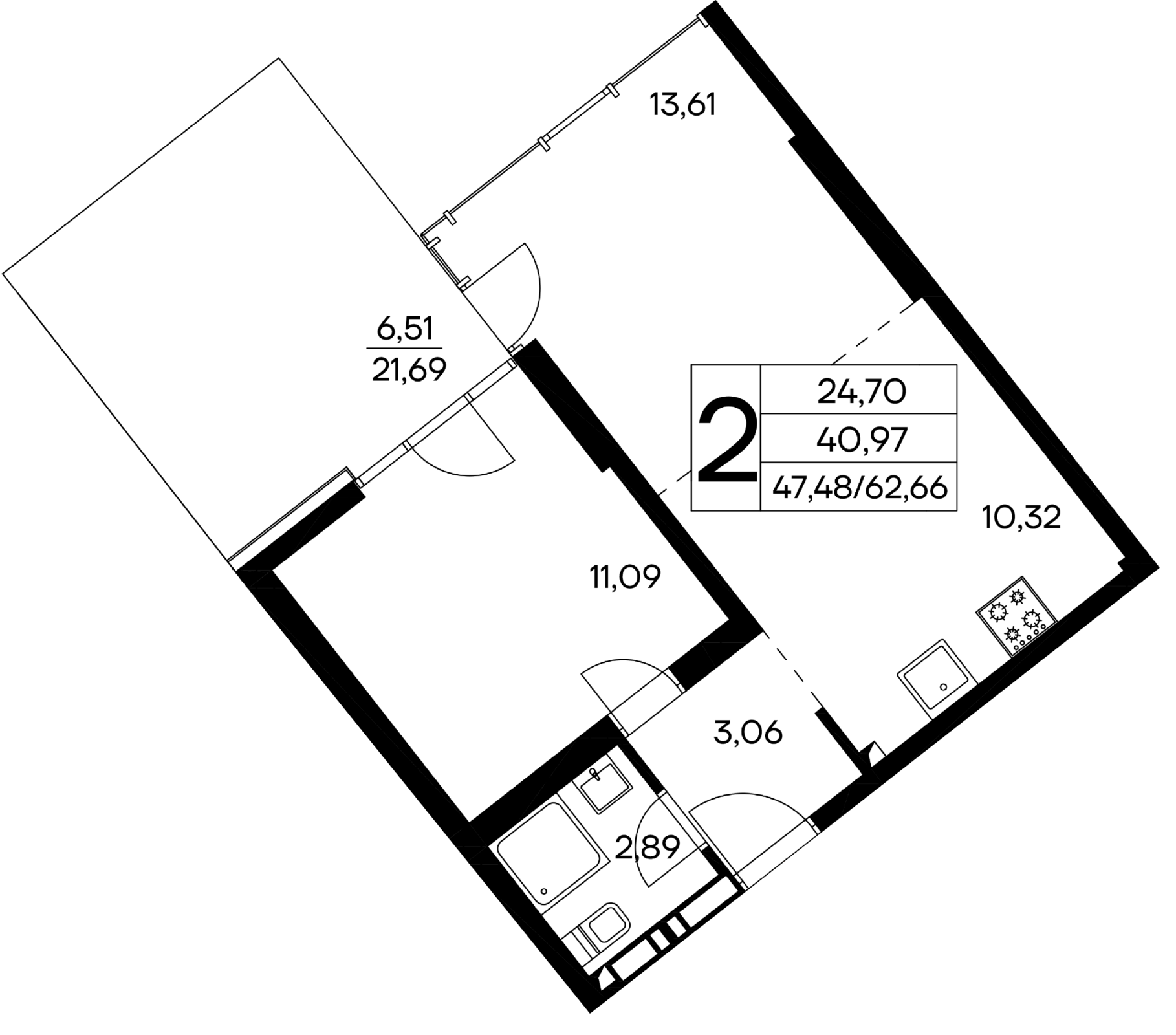 2-к, 62.66 м² · Лучистое