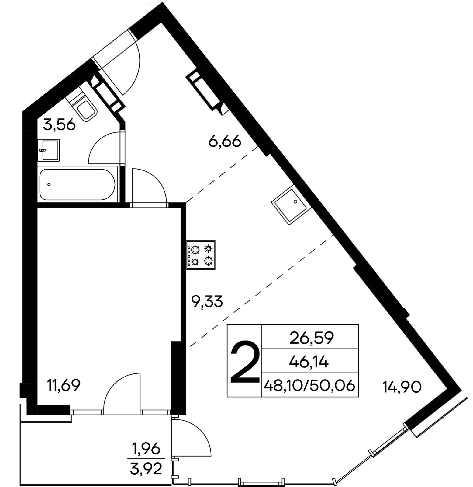 2-к, 50.06 м² · Лучистое