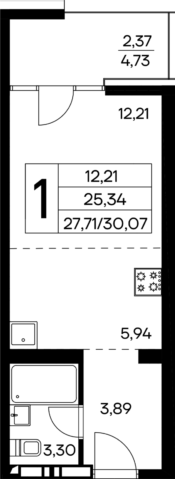 1-к, 30.07 м² · Лучистое