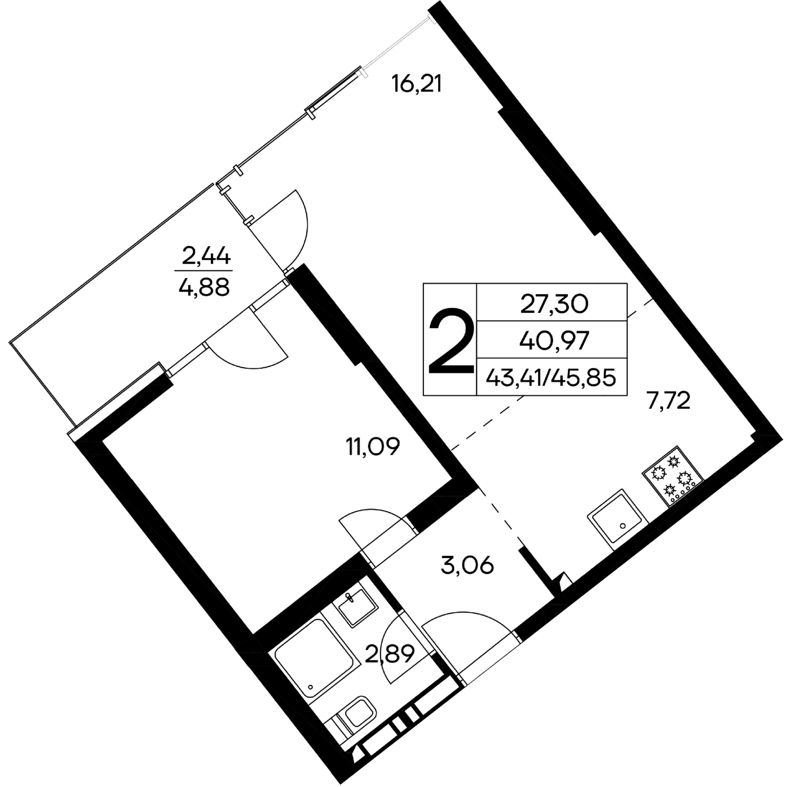 2-к, 45.85 м² · Лучистое