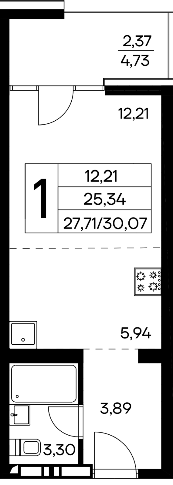 1-к, 30.07 м² · Лучистое