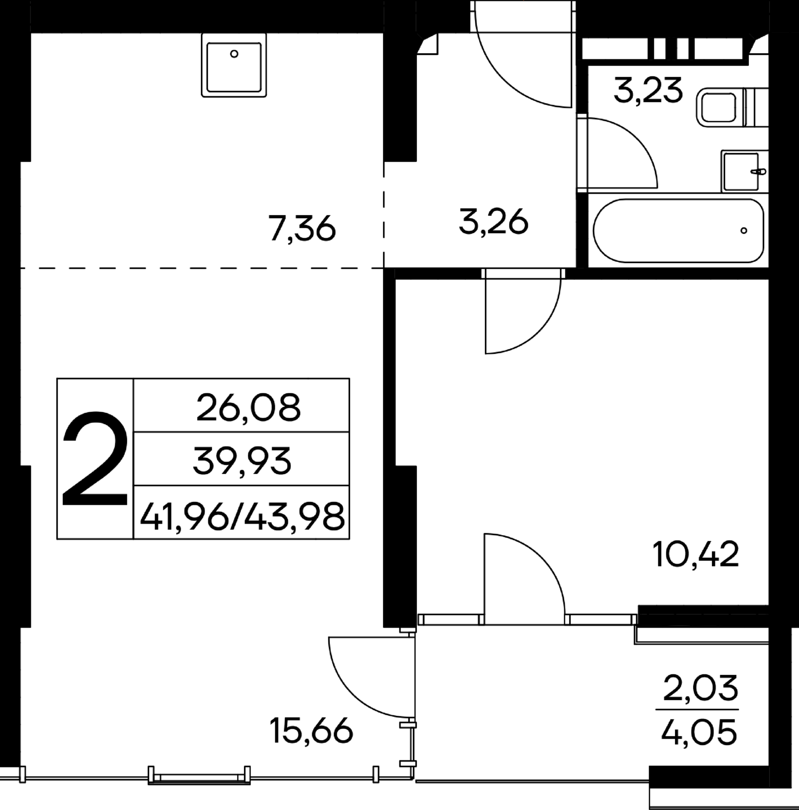 2-к, 43.98 м² · Лучистое