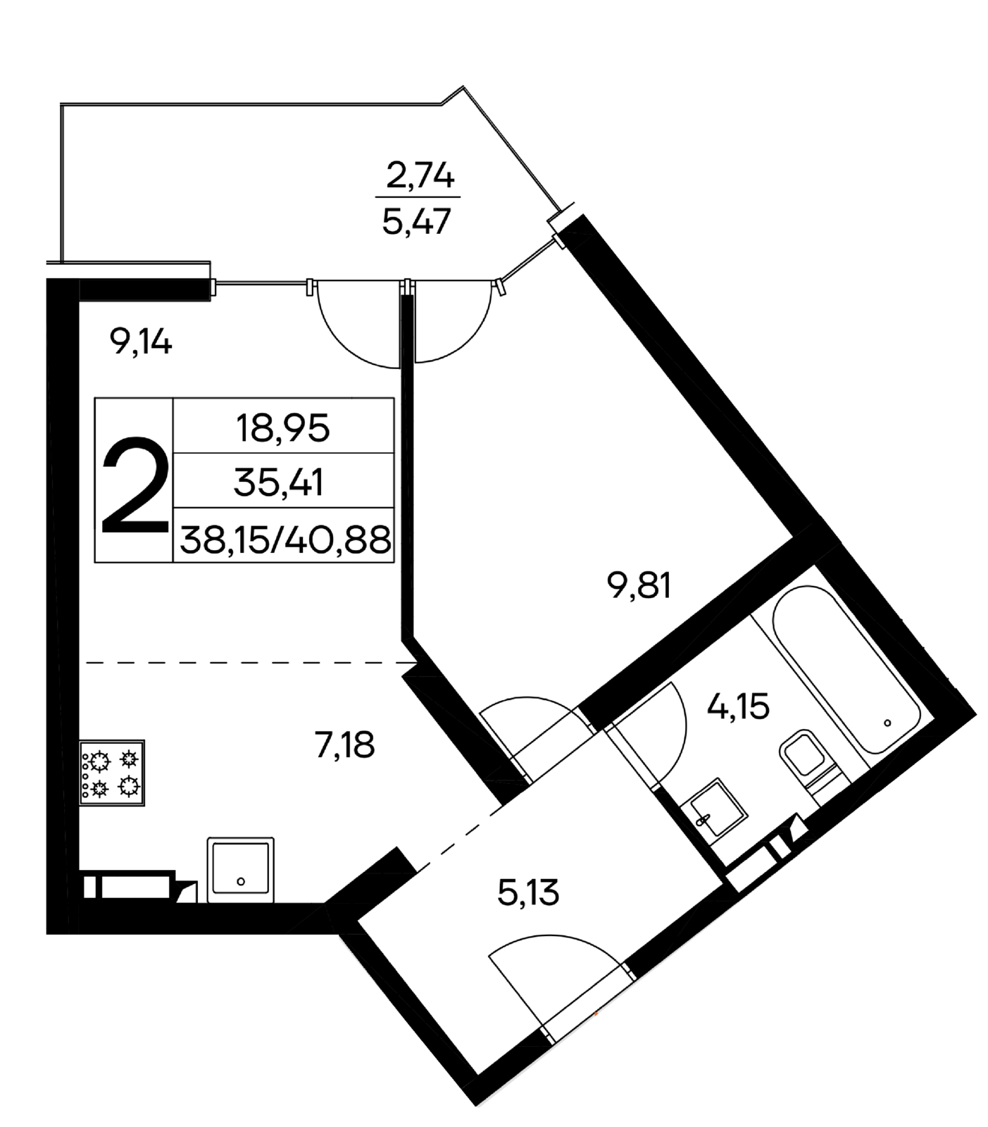 2-к, 40.88 м² · Лучистое