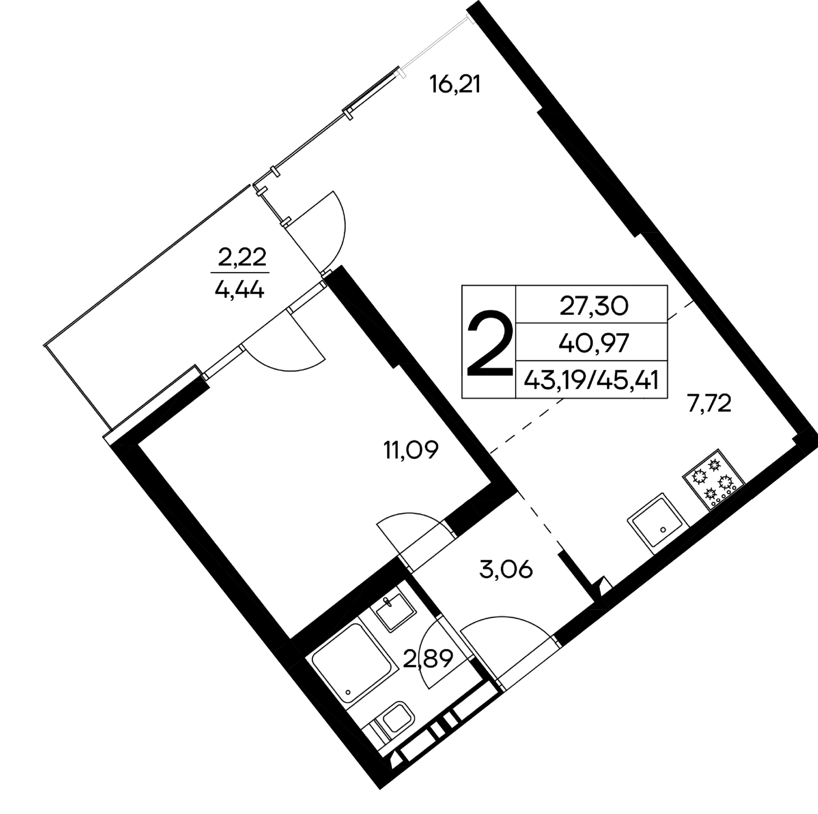 2-к, 45.41 м² · Лучистое