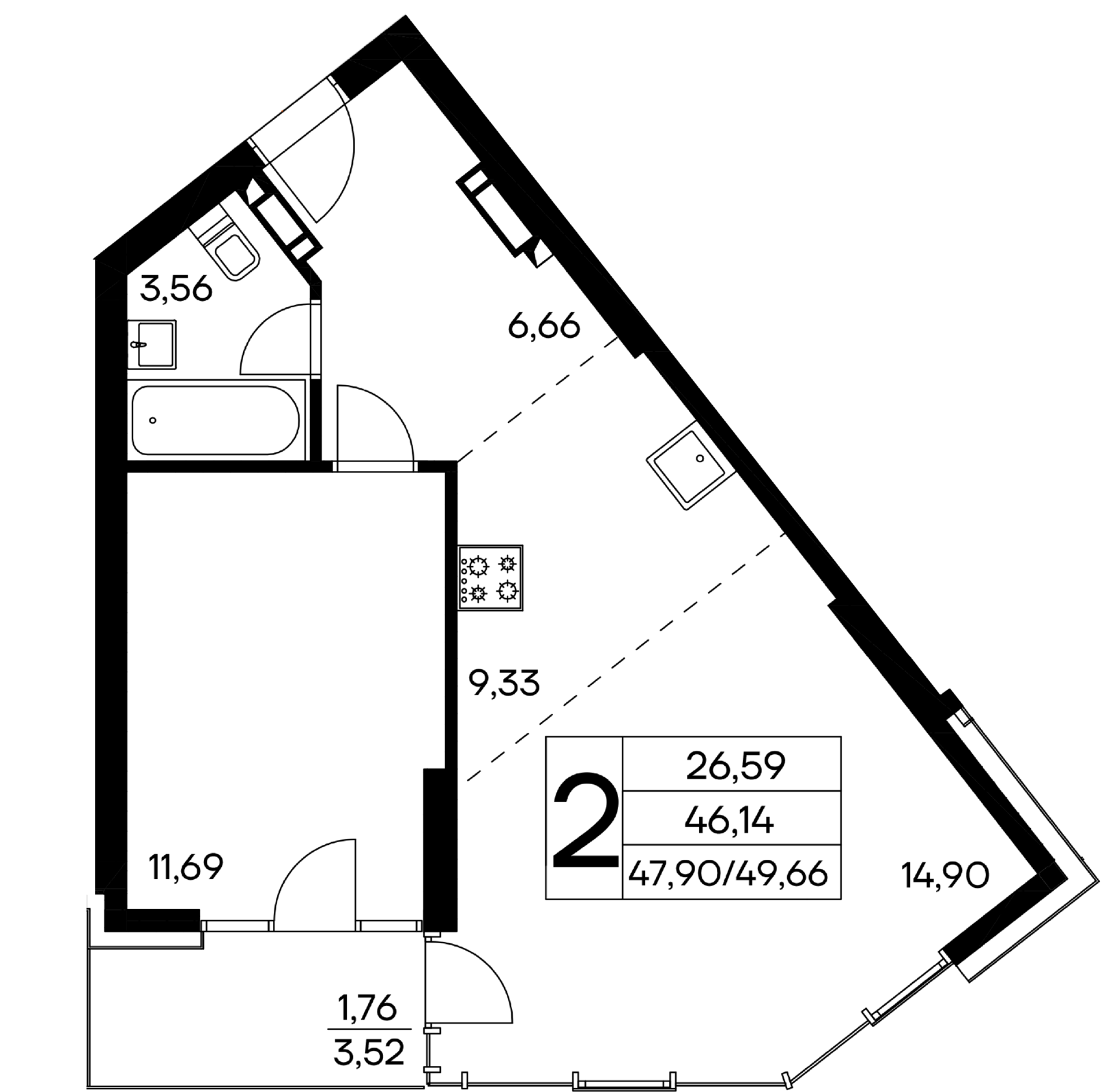 2-к, 49.66 м² · Лучистое