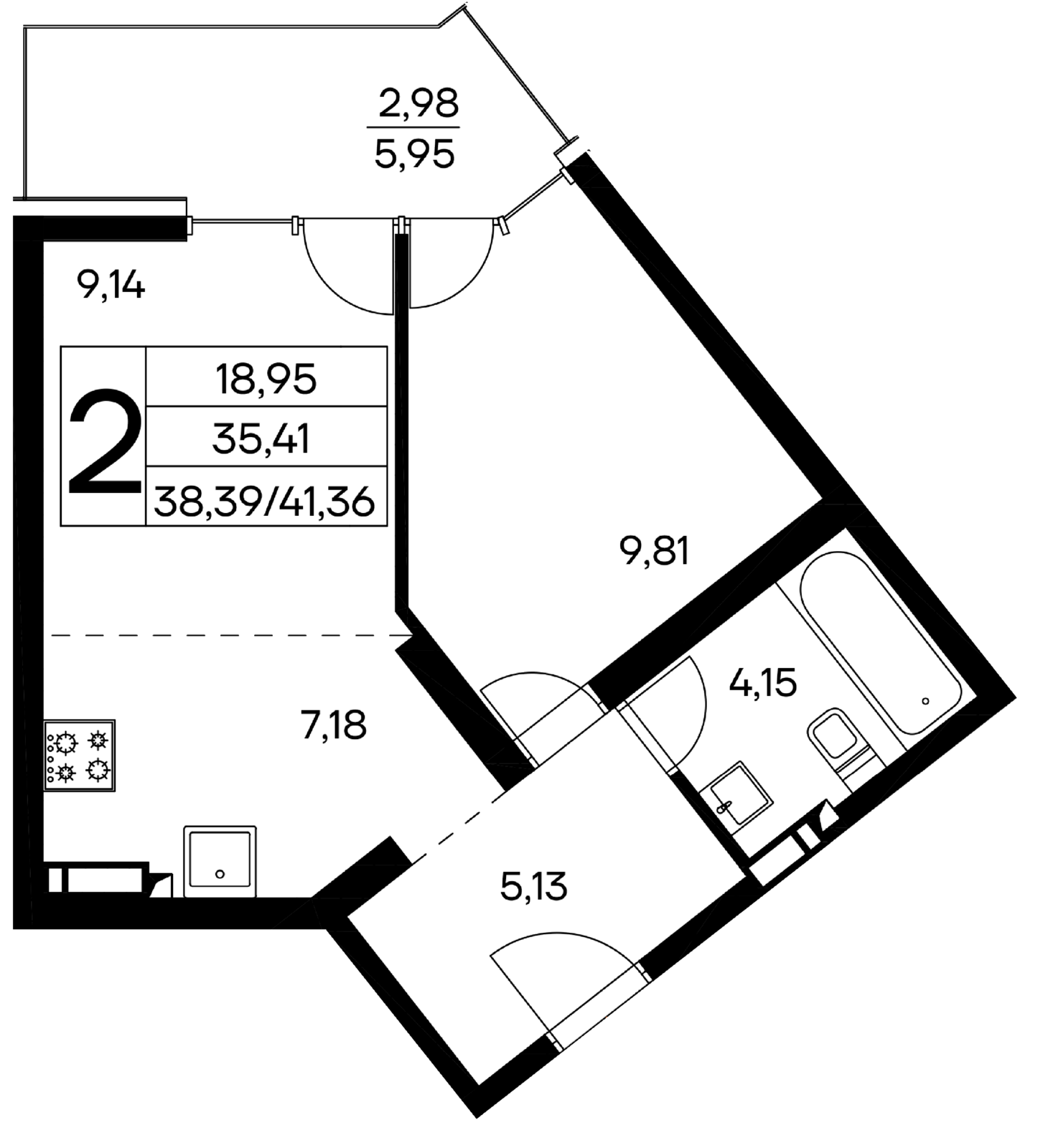 2-к, 41.36 м² · Лучистое