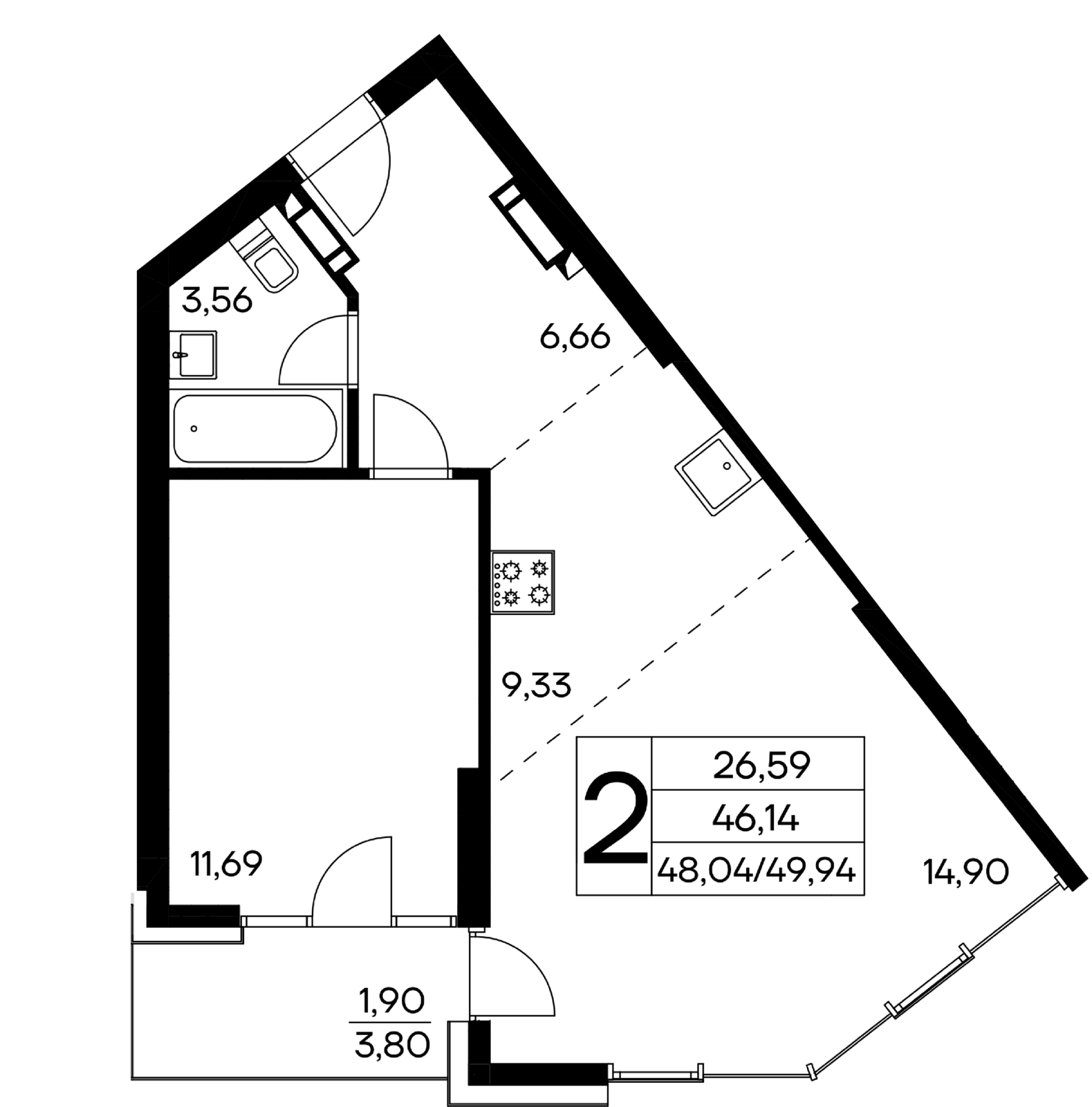 2-к, 49.94 м² · Лучистое