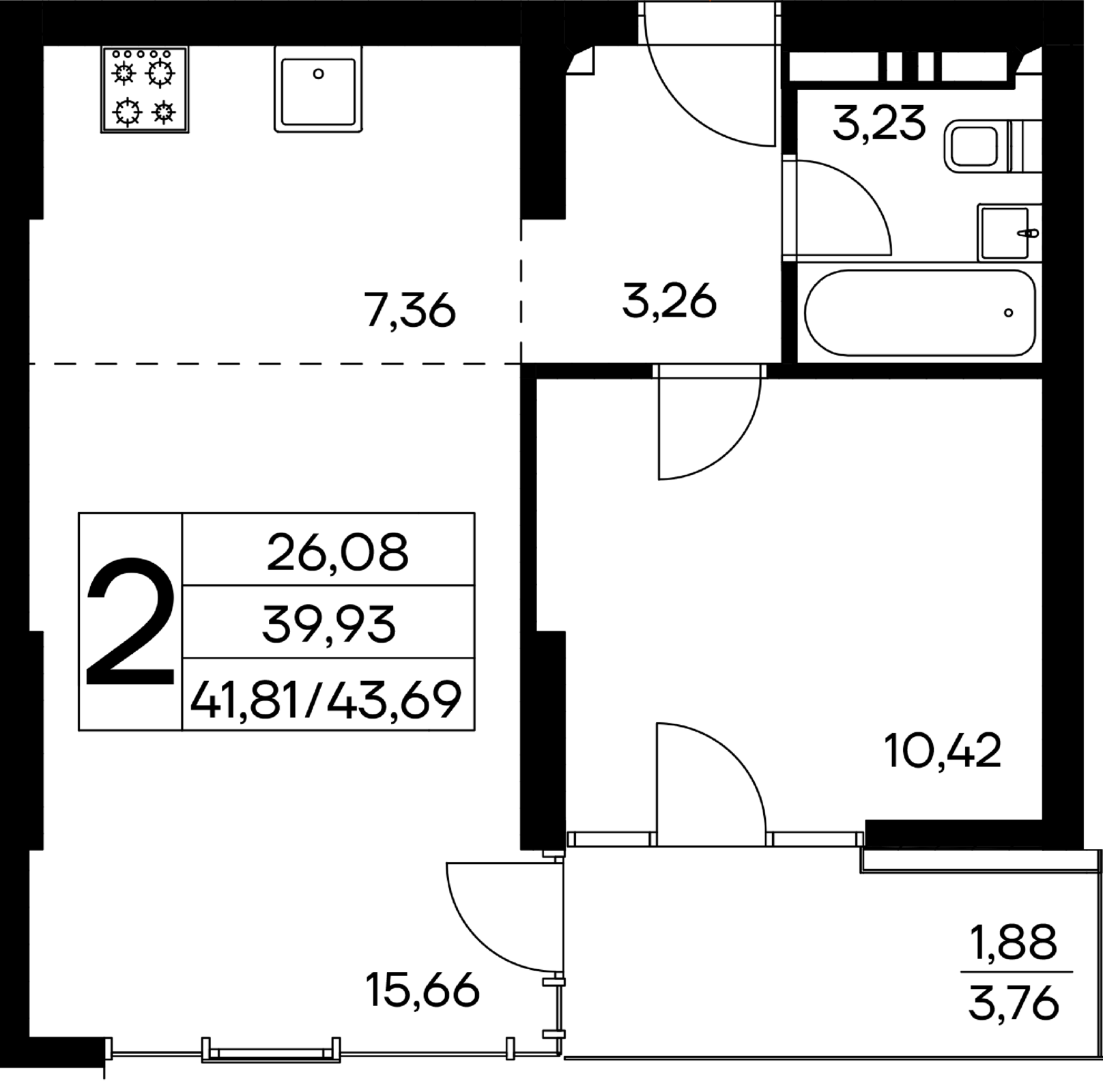 2-к, 43.69 м² · Лучистое