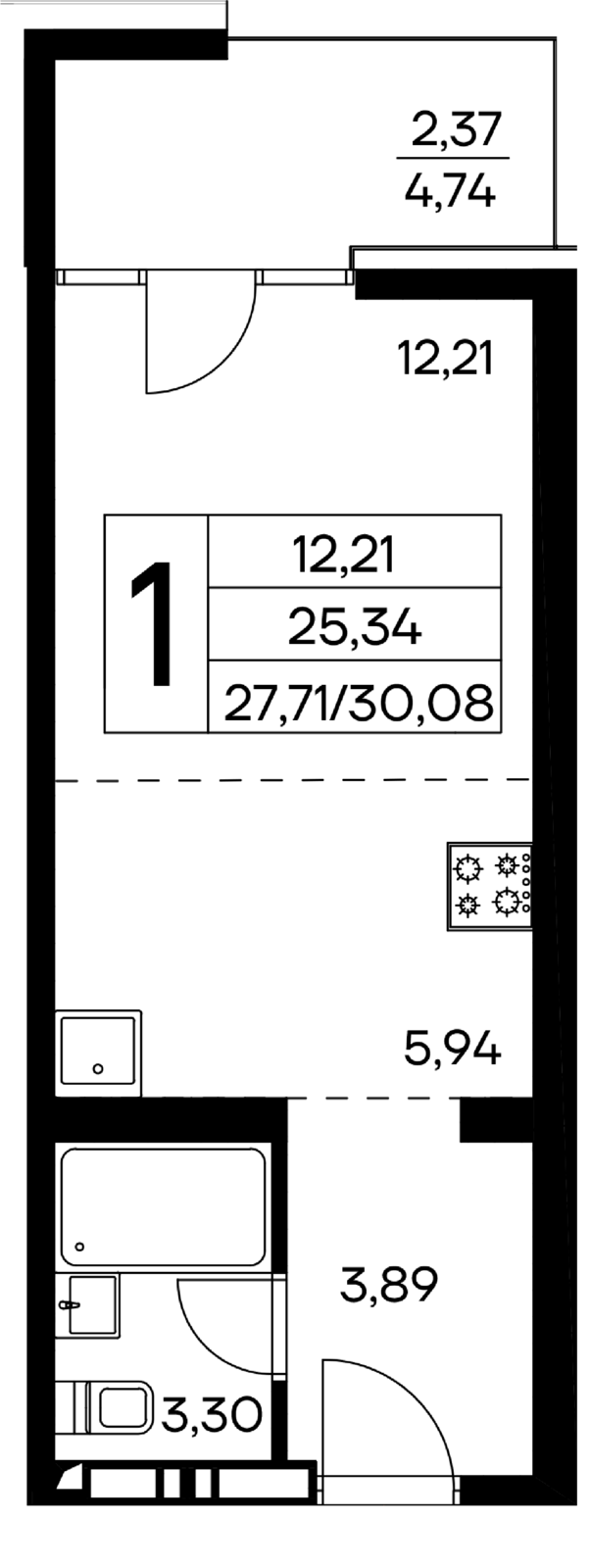 1-к, 30.08 м² · Лучистое