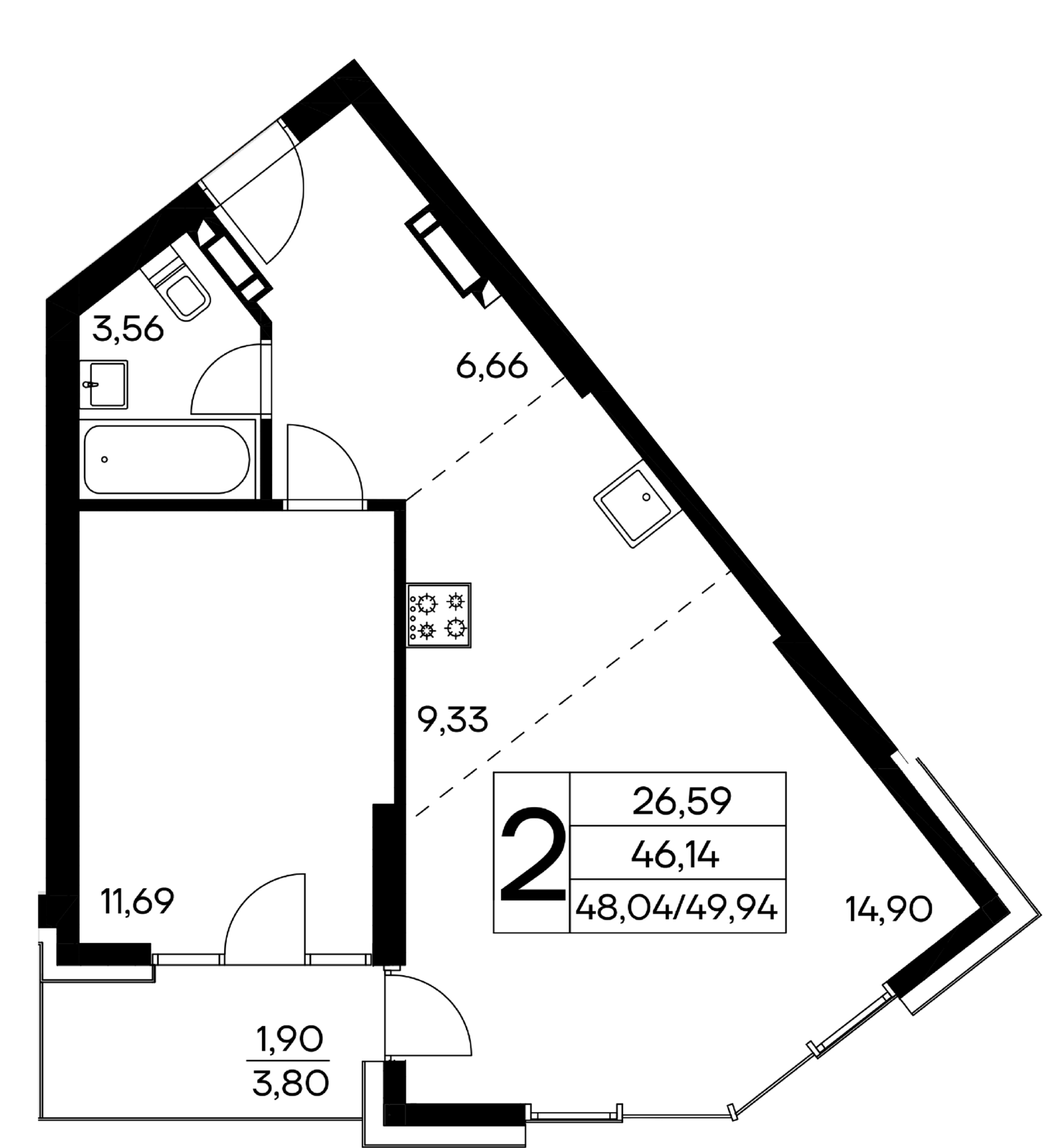 2-к, 49.94 м² · Лучистое