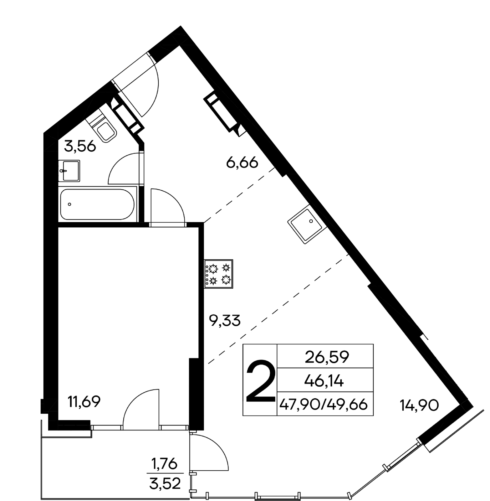 2-к, 49.66 м² · Лучистое