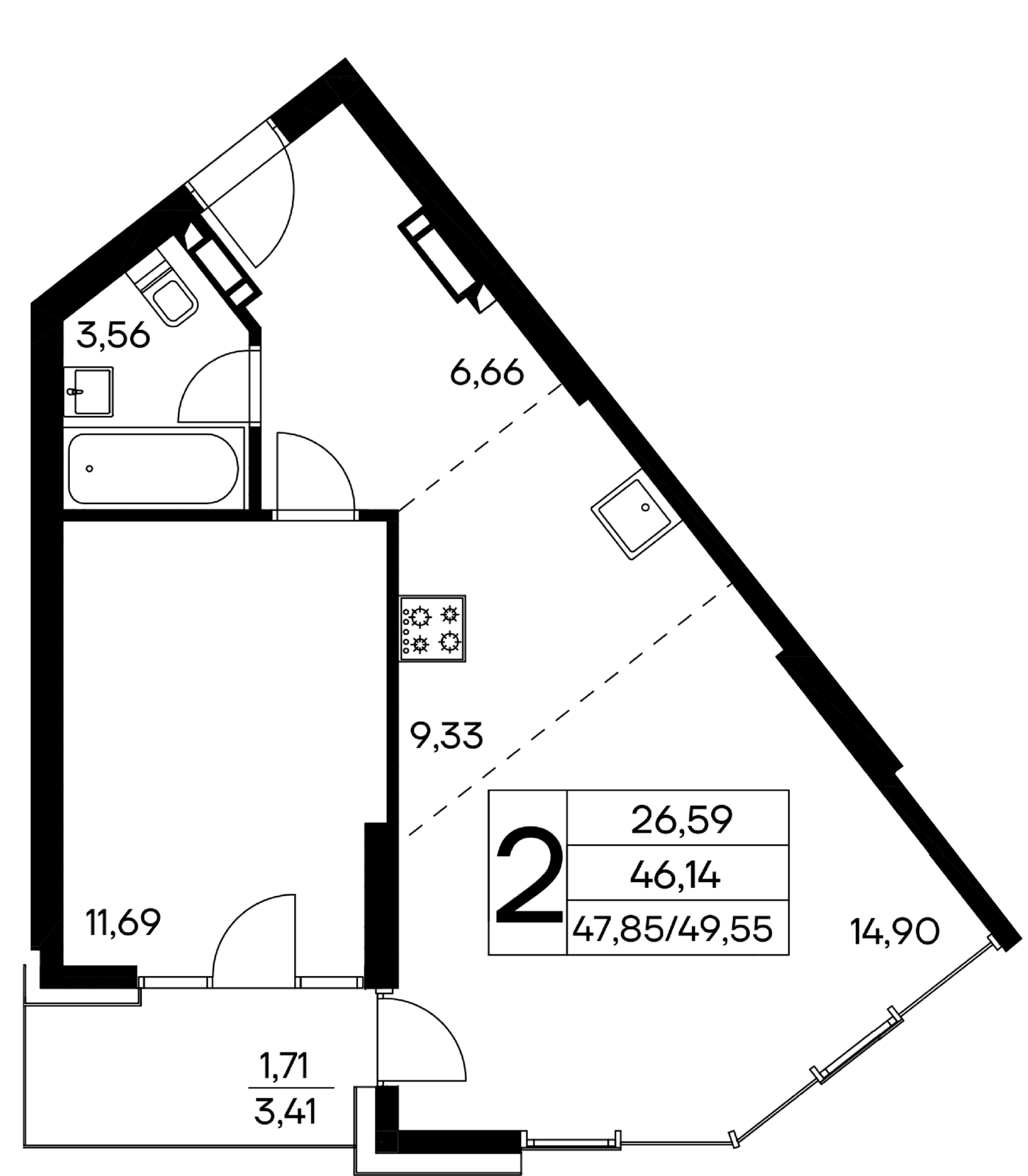 2-к, 49.55 м² · Лучистое