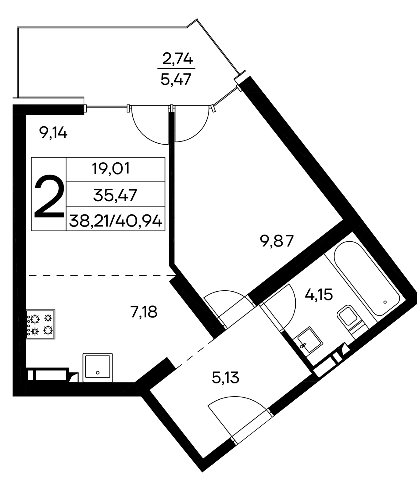 2-к, 40.94 м² · Лучистое