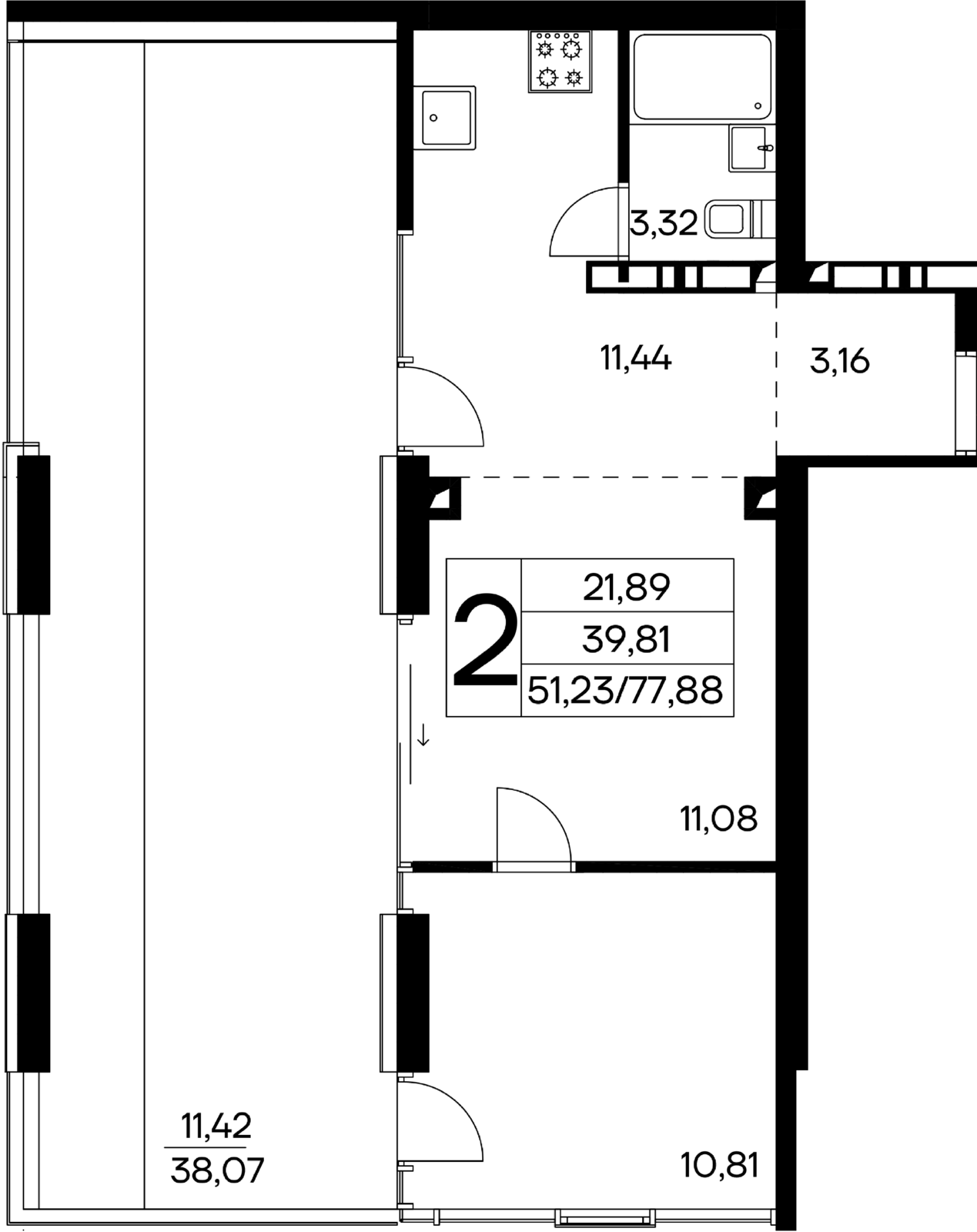 2-к, 77.88 м² · Лучистое
