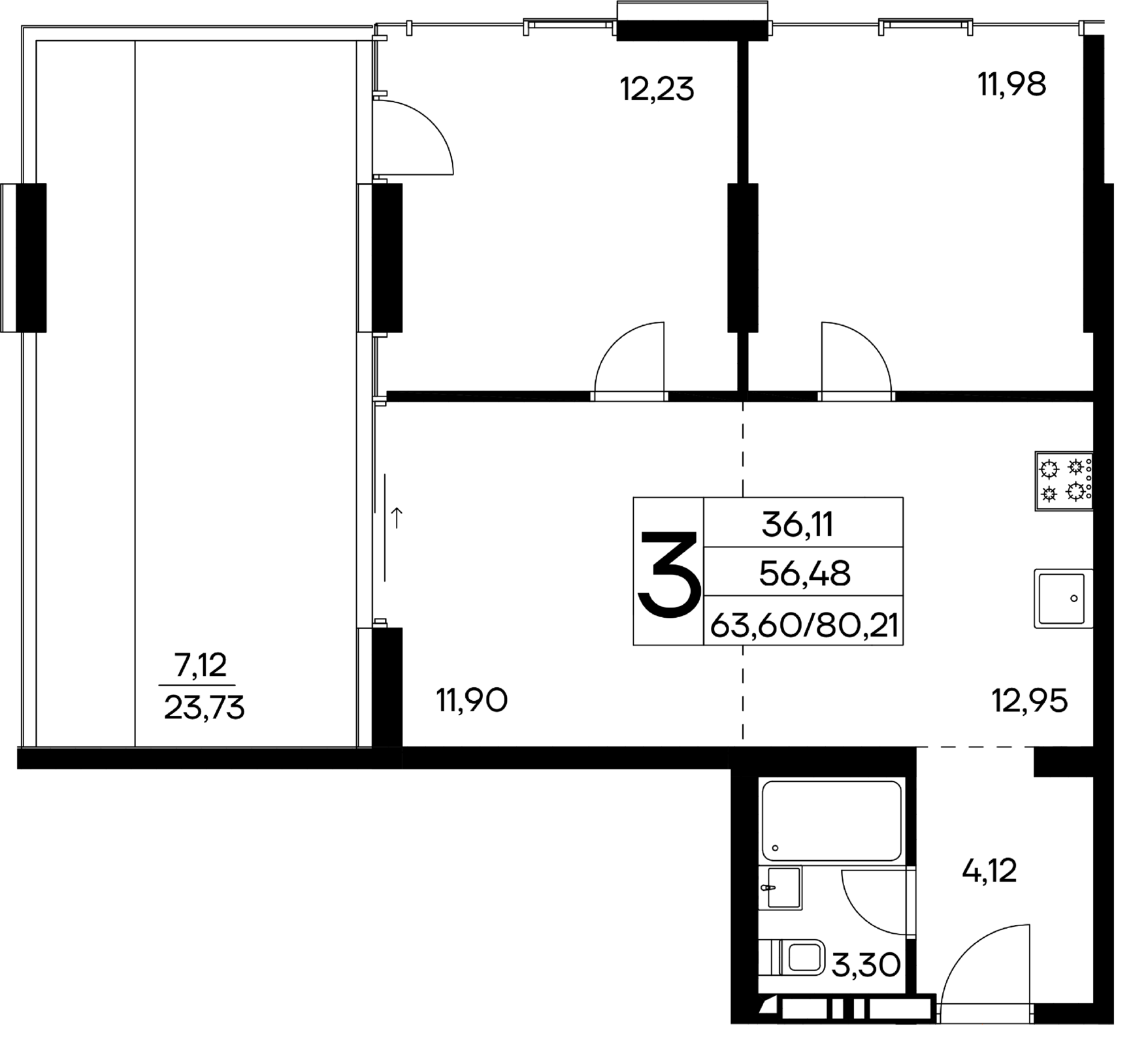 3-к, 80.21 м² · Лучистое