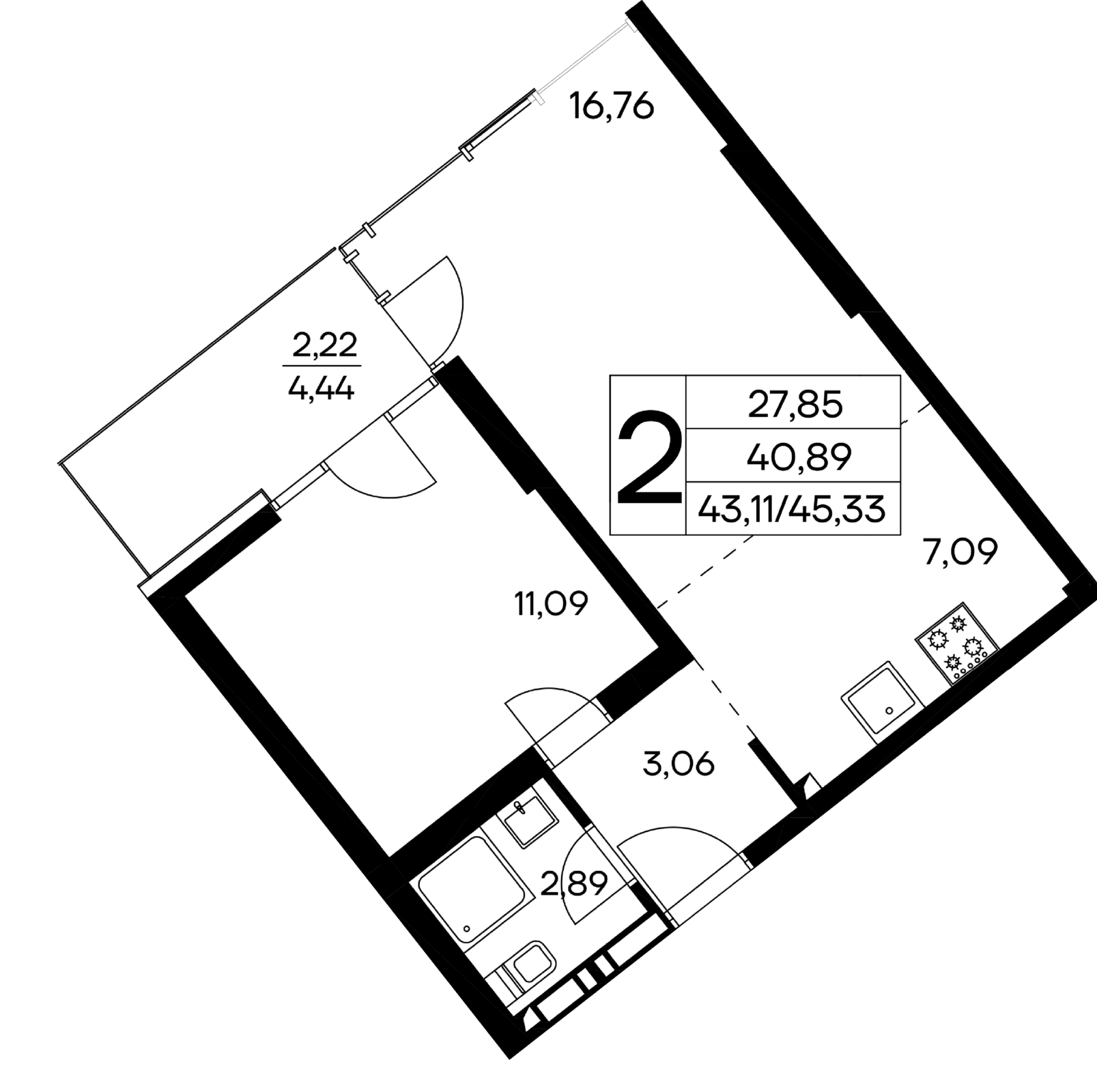 2-к, 45.33 м² · Лучистое