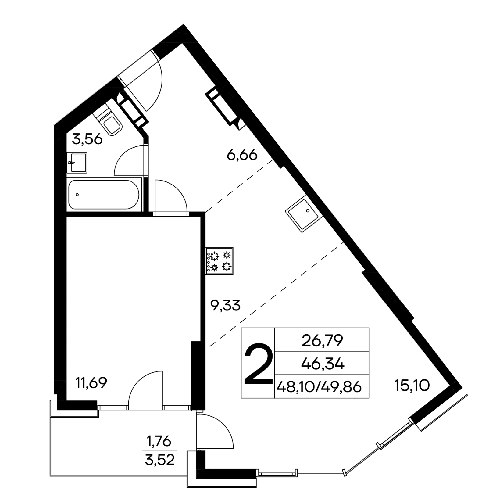 2-к, 49.86 м² · Лучистое