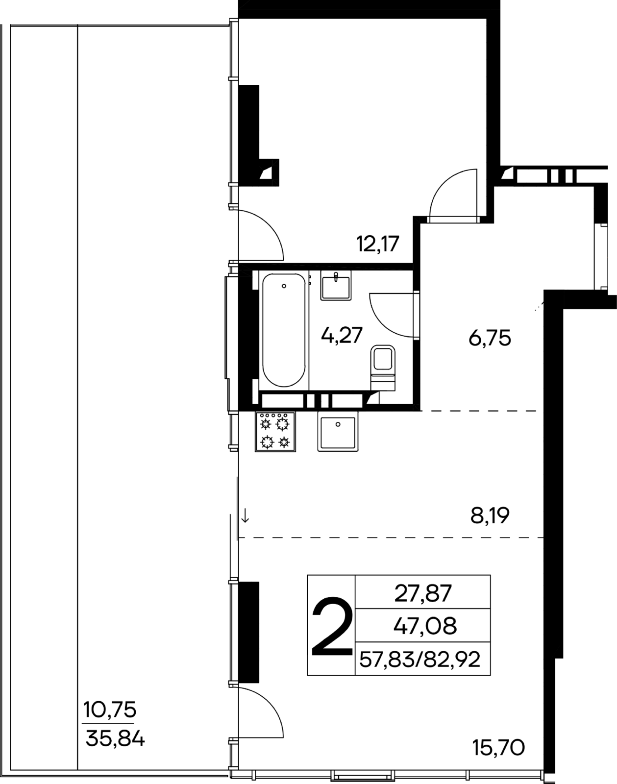 2-к, 82.92 м² · Лучистое