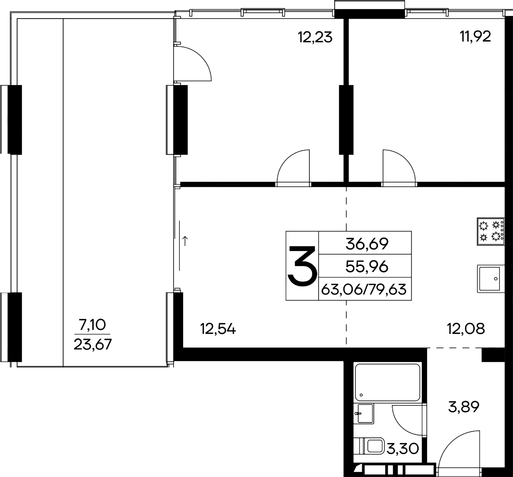3-к, 79.63 м² · Лучистое