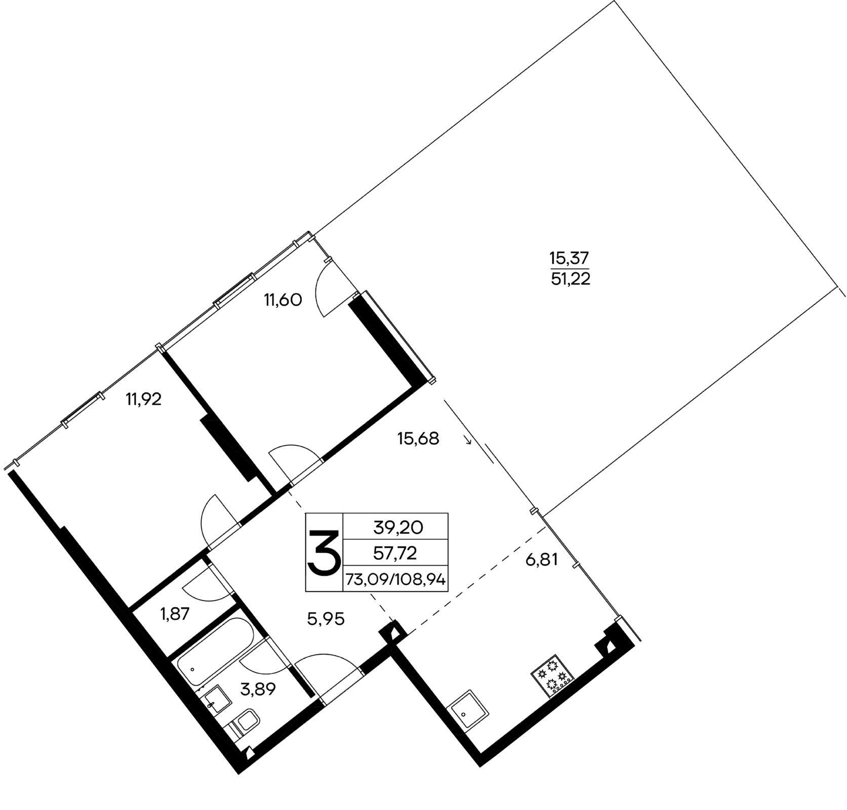 3-к, 108.94 м² · Лучистое