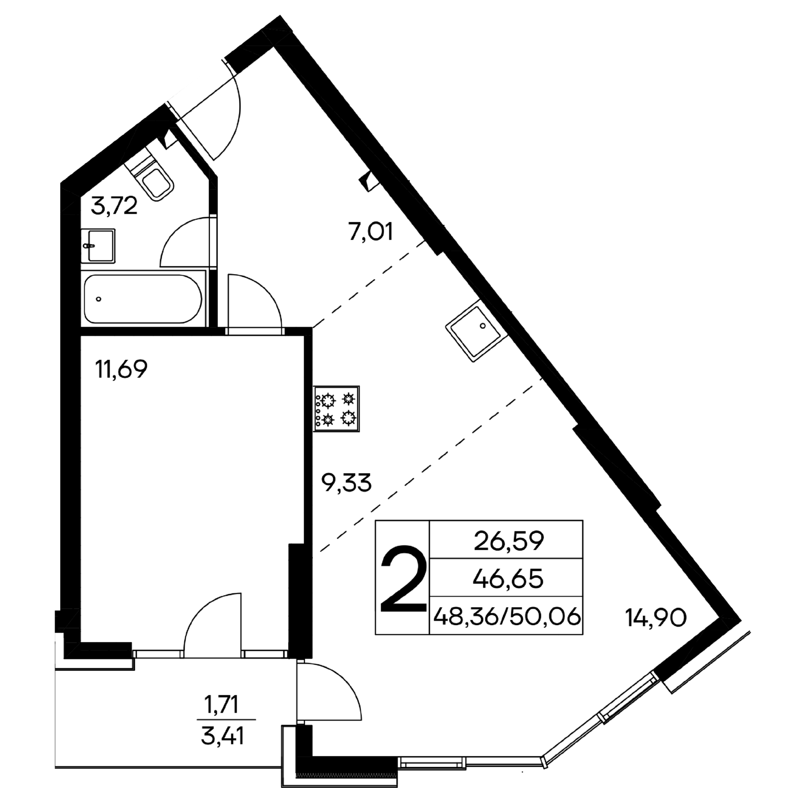 2-к, 50.06 м² · Лучистое