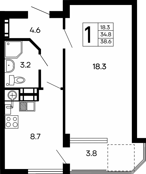 1-к, 38.6 м² · Семейный