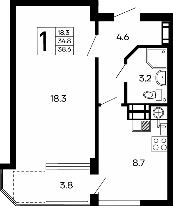 1-к, 38.6 м² · Семейный