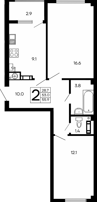2-к, 55.9 м² · Семейный