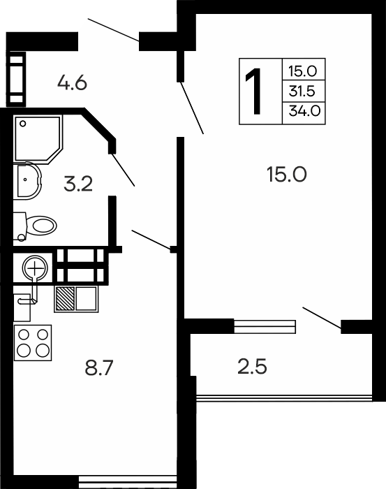 1-к, 34 м² · Семейный