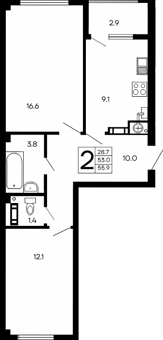 2-к, 55.9 м² · Семейный