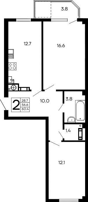 2-к, 60.4 м² · Семейный