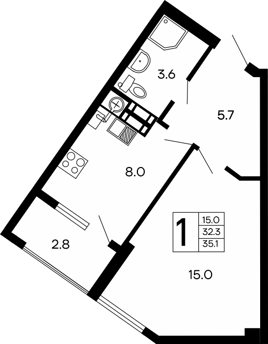 1-к, 35.1 м² · Семейный
