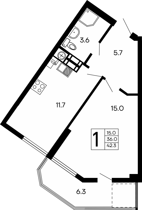 1-к, 42.3 м² · Семейный