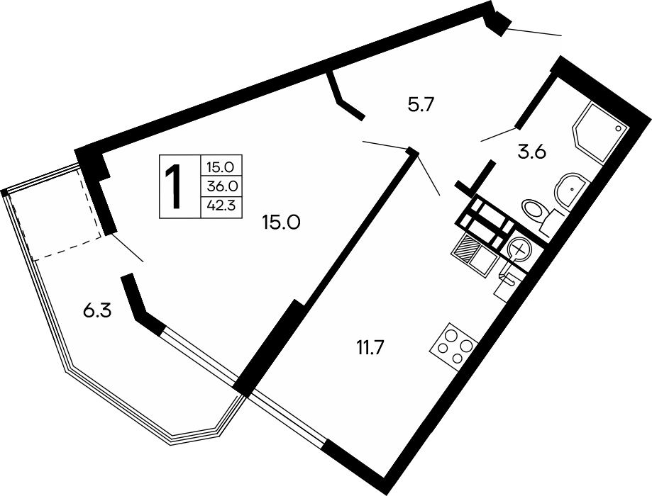 1-к, 42.3 м² · Семейный