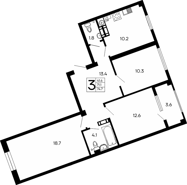 3-к, 74.7 м² · Семейный