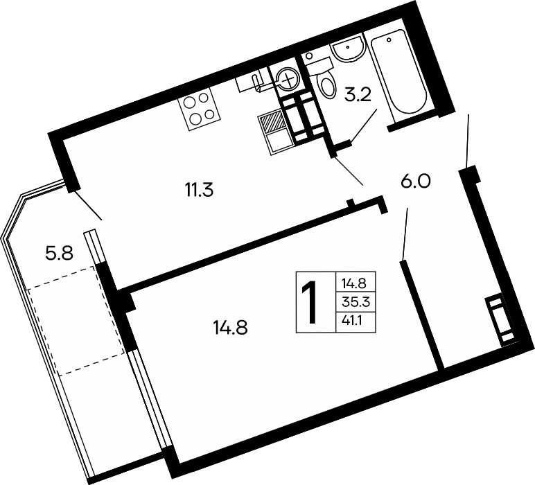 1-к, 43.4 м² · Семейный