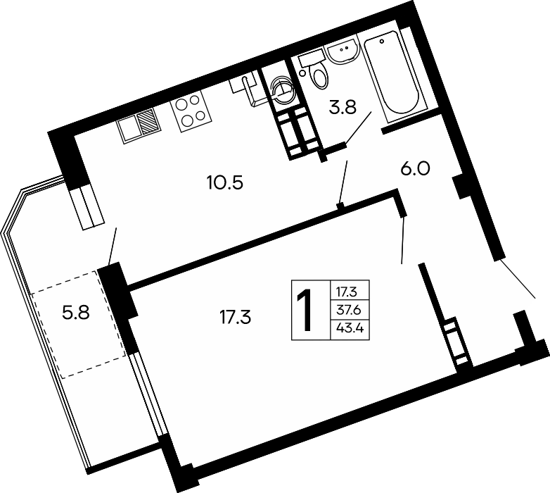 1-к, 43.4 м² · Семейный