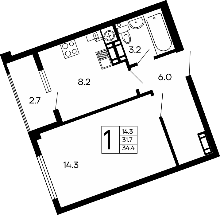 1-к, 34.4 м² · Семейный