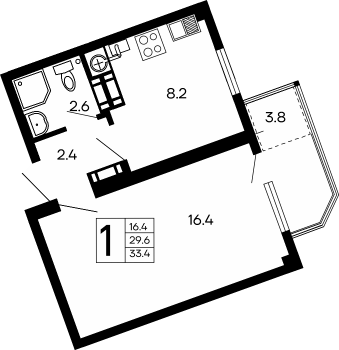 1-к, 33.4 м² · Семейный