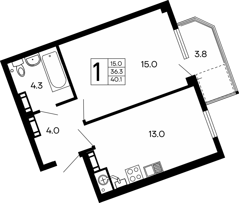 1-к, 40.1 м² · Семейный