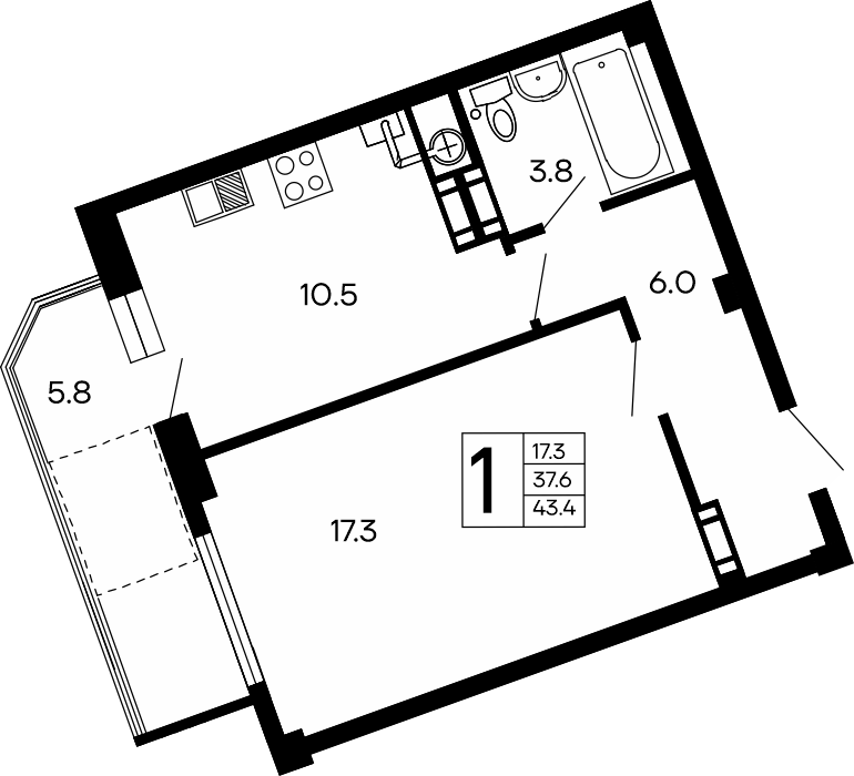1-к, 43.4 м² · Семейный