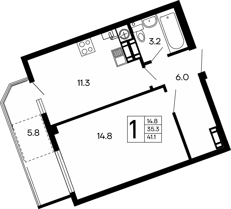1-к, 41.1 м² · Семейный
