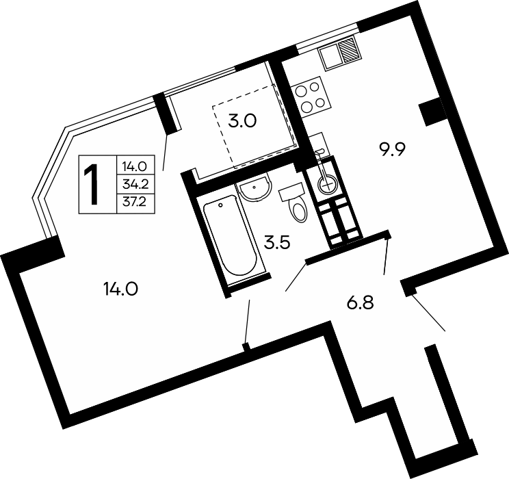 1-к, 37.2 м² · Семейный