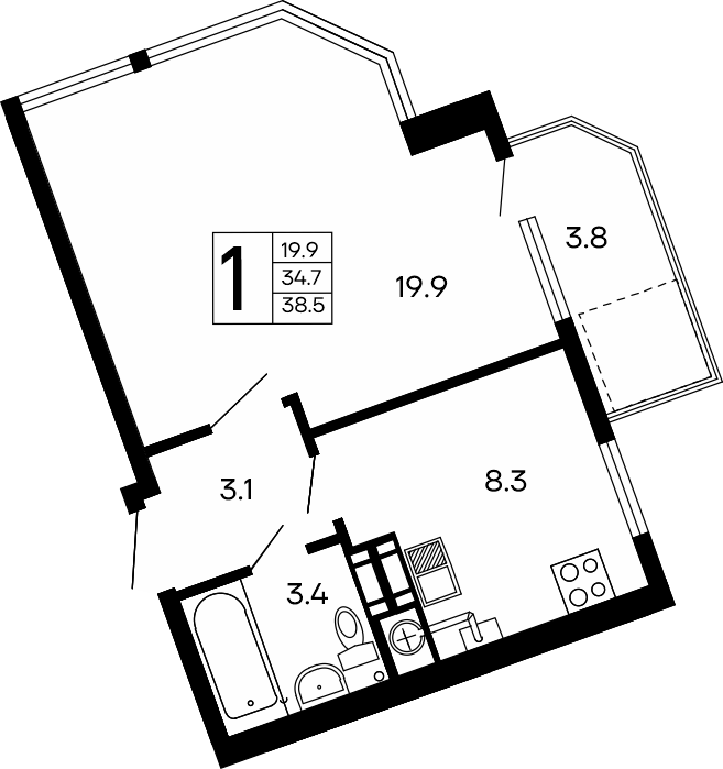 1-к, 38.5 м² · Семейный