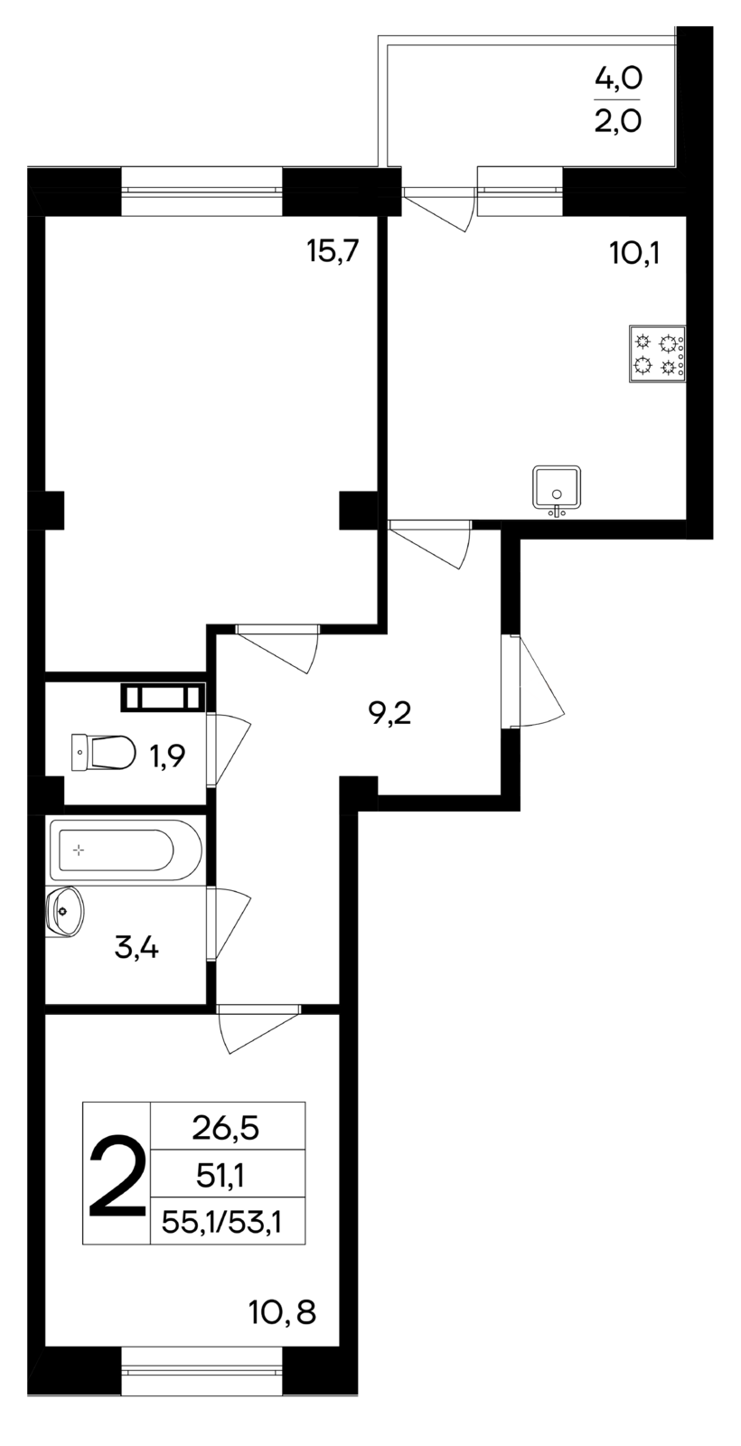 2-к, 55.1 м² · Ботаника