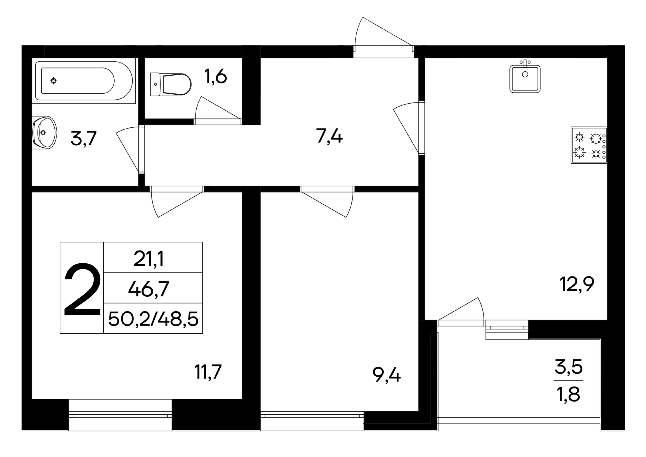 2-к, 50.2 м² · Ботаника