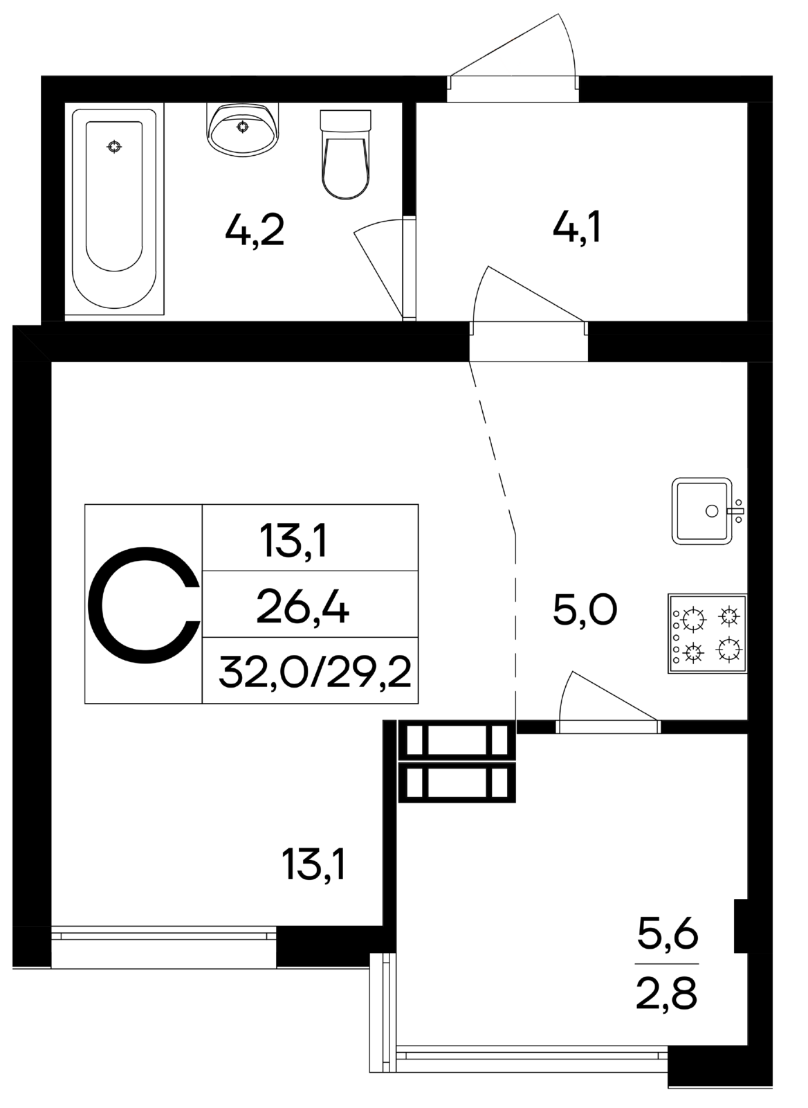 Студия, 32 м² · Ботаника